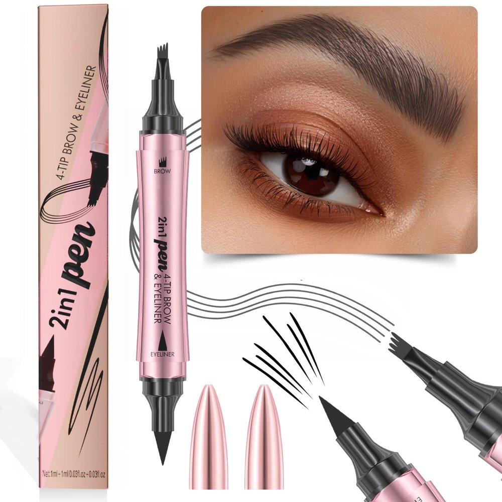 2-in-1 Dual-Ended Waterproof Eyebrow Pencils with 4-Fork-Tip for Women, 3D Microblading Eyebrow Pen with Eyeliner Pencil, Natural Hair Like Strokes, All-Day Wear (03 Gray)