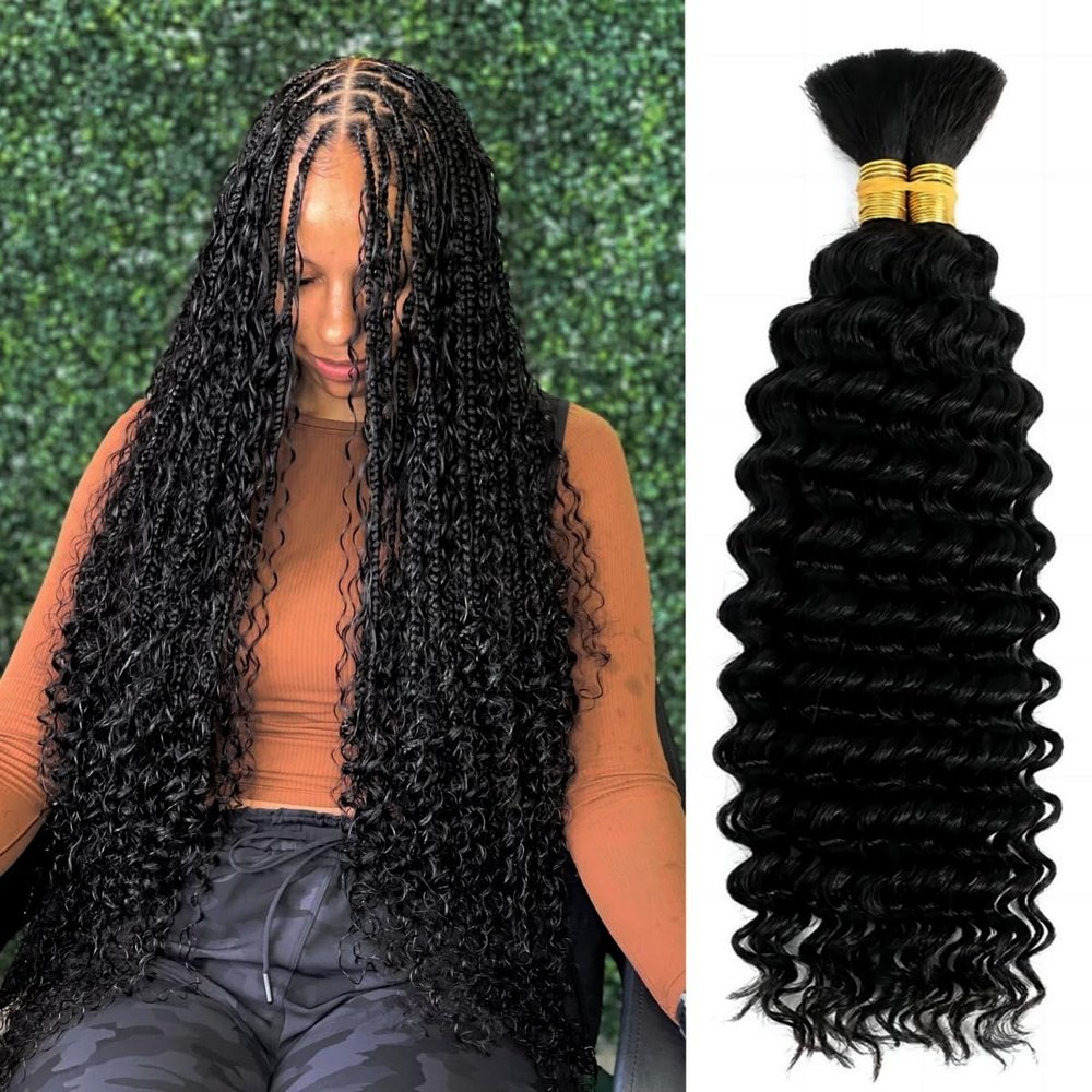 100 Percent Human Boho Braiding Hair Deep Wave Curly 12A Bulk Bundles Human Hair 105g Wet and Wavy for Boho Braids Human Hair Extensions for Braiding Human Supplies No Weft 2 Bundles