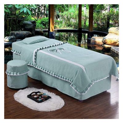 PAGOIAAR 4pcs Beauty Salon Bedding Massage Spa Cover Sets Solid Color Nordic Lace 4 Pcs Coverlets for Beauty Salon Spa Skirt Sheet +Blanket Cover+Pillowcase+Chair Cover 180x60cm(71x24inch)