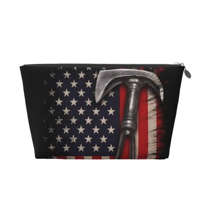 Firefighter Axe Red Line Flag Cute Print Leather Toiletry Bag - Portable Makeup Pouch For Women With Zipper, Travel Cosmetic Bags 7x2.4x5in