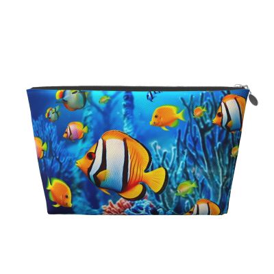 The Underwater World Tropical Fish Cute Print Leather Toiletry Bag - Portable Makeup Pouch For Women With Zipper, Travel Cosmetic Bags 7x2.4x5in