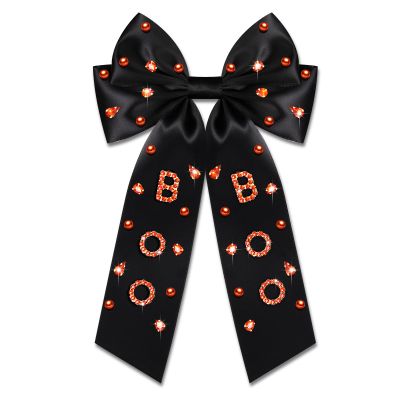 Halloween Hair Bows for Women - Spooky BOO Hair Bow Clips, Rhinestone Large Bows, Silky Satin Black Ribbons, Barrettes, Clips, Accessories for Costume Outfits