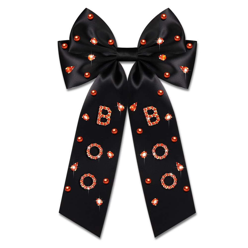 Halloween Hair Bows for Women - Spooky BOO Hair Bow Clips, Rhinestone Large Bows, Silky Satin Black Ribbons, Barrettes, Clips, Accessories for Costume Outfits