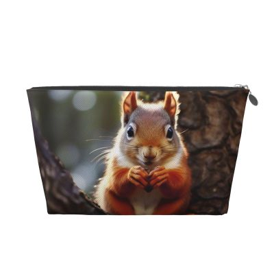 Funny Squirrel Cute Print Leather Toiletry Bag - Portable Makeup Pouch For Women With Zipper, Travel Cosmetic Bags 7x2.4x5in