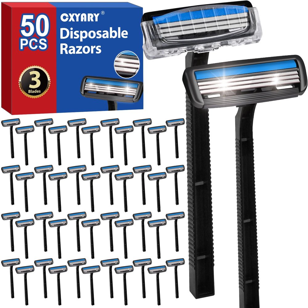 CXYARY 50 Pcs 3 Blade Disposable Razors With Clear Safety Cap, Shaving Razors Bulk for Men &Women, Stainless Steel Blade, Multipurpose Portable Shave Razor for Bathing Hotel Travel, Black