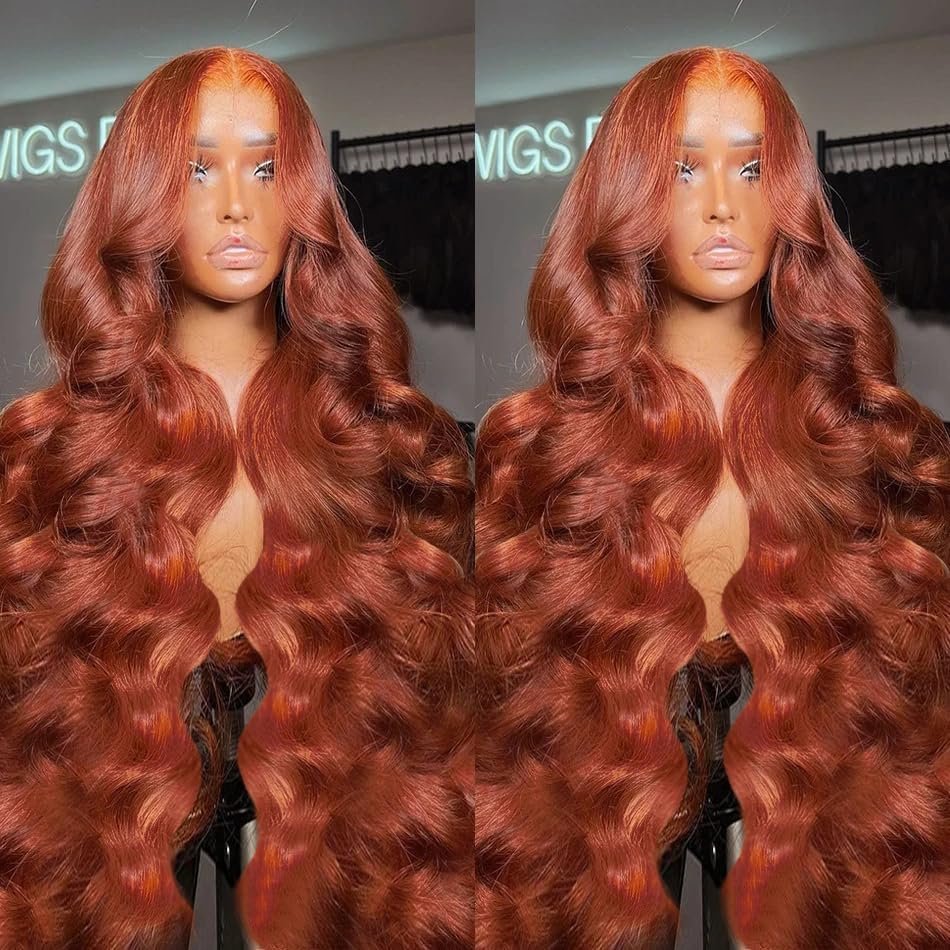 200 Density 13x6 Reddish Brown Lace Front Wigs Human Hair Pre Plucked 13x6 HD Transparent Body Wave Lace Front Wigs Human Hairs With Baby Hair Ginger #33 Colored Human Hairs Wig For Women (30 Inch)
