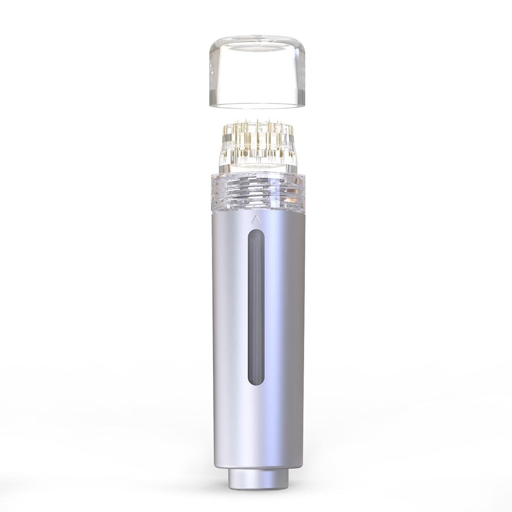 AQUA STAMP 2-in-1 Titanium Derma Stamp | 0.25mm Gold Micro Needles | Manual Microneedling Tool for Face Lips Scalp Care | Portable Serum Applicator with Storage Tube