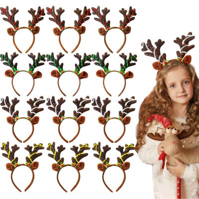 12 Pcs Reindeer Antlers Headband, Glitter Sequins Christmas Ears Headband, Deer Hairbands for Kids & Adults, Perfect for Holiday Photo Booth Props & Party Favors