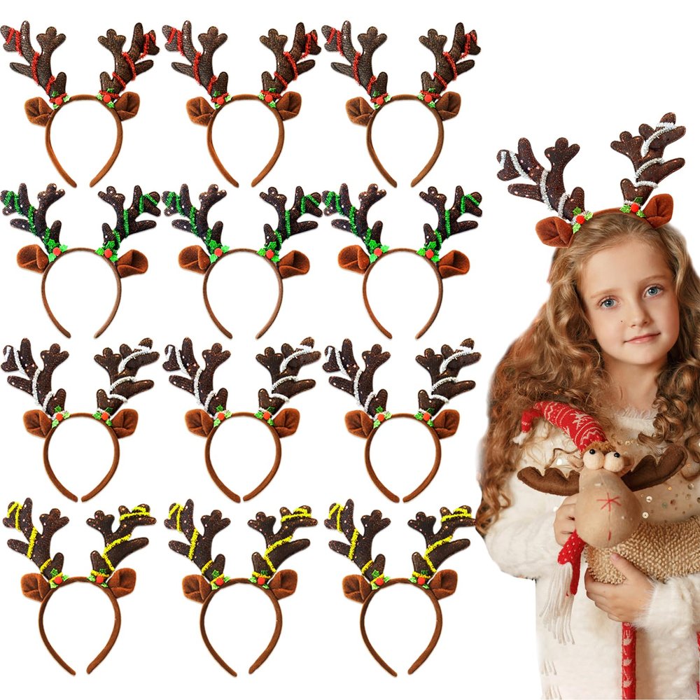 12 Pcs Reindeer Antlers Headband, Glitter Sequins Christmas Ears Headband, Deer Hairbands for Kids & Adults, Perfect for Holiday Photo Booth Props & Party Favors