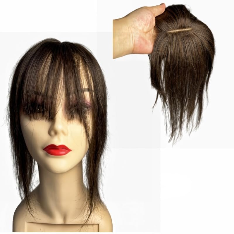 AYunhe Real Human Hair Toppers Clip in Hairpieces With Air Bangs Fringe Increase Hair Volume Brazilian Straight For Hair Loss Thick Full Invisible Scalp (Dark Brown, 12 inch)