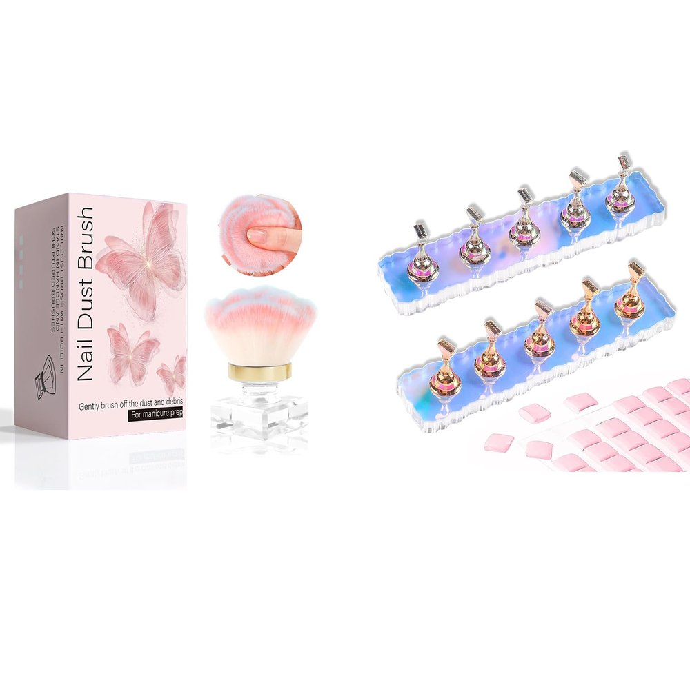 2 Set Nail Stand ,Aurora Nail Holder for Painting and Nail Dust Brush for Acrylic Nails, Nail Art Tools for Homes and Salons