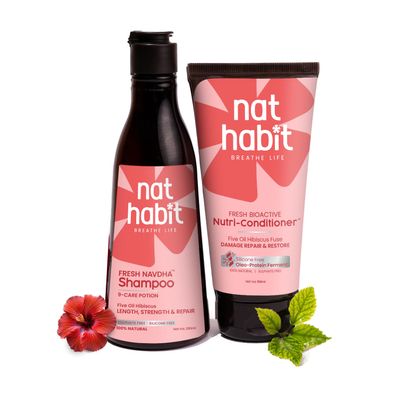 Nat Habit Five Oil Hibiscus Shampoo and Conditioner Combo for Women & Men, Hair Fall Control & Frizz Control, 72 Hours
