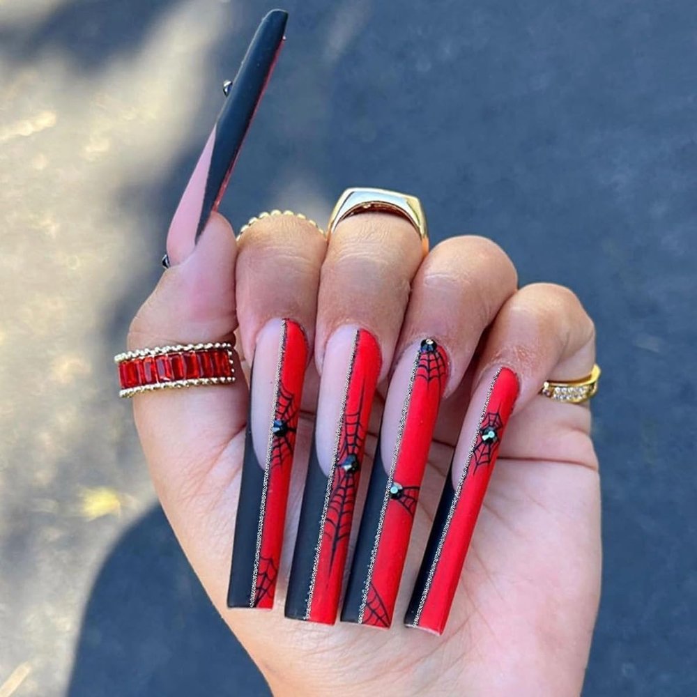 Halloween Extra Long Press on Nails Red and Black French Tip Fake Nails Long Coffin Glue on Nails Gold Lines False Nails with Rhinestone Spider Designs Acrylic Nails Stick on Nails for Women 24Pcs