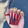 Halloween Extra Long Press on Nails Red and Black French Tip Fake Nails Long Coffin Glue on Nails Gold Lines False Nails with Rhinestone Spider Designs Acrylic Nails Stick on Nails for Women 24Pcs view 1