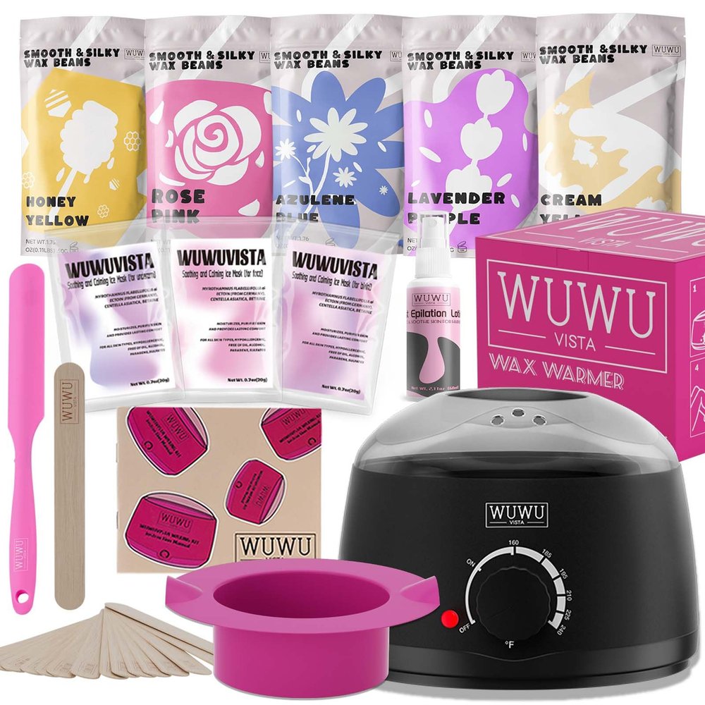 WUWUVISTA Waxing Kit Hair Removal Hard Wax Kit with Wax Warmer & Waxing Beads for Women & Men - Professional at home Wax Pot for Face/Brazilian/Full Body/Bikini/Sensitive Skin Black,23Items)