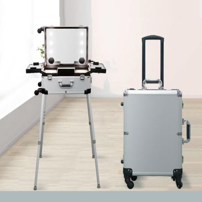 FJYAWEN Rolling Makeup Case Large Storage Makeup Trolley, Makeup Case with Lighted Mirror, Speaker Travel Makeup Organizer, Professional Artist Trolley Studio Freestanding Case,Silver