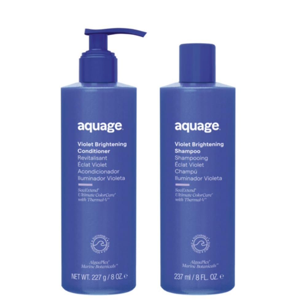 AQUAGE Violet Brightening Liters Bundle, Violet Brightening Shampoo & Conditioner, Neutralizes Yellow or Brassy Tones on Color Treated Hair, 8 Oz. Each