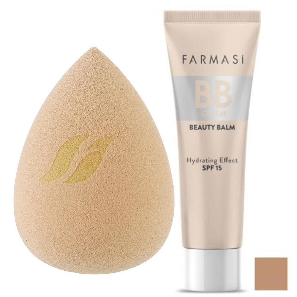 Farmasi SET: BB Cream - MEDIUM TO TAN 04 & Makeup Sponge - Flawless Finish, Natural Look, Moisturizes Skin, Protects Skin, SPF 15, Lightweight Formula, Even Application