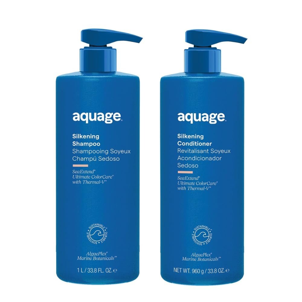 AQUAGE Silkening Care Liters Bundle, Silkening Shampoo & Conditioner, Nourishing SeaExtend Formula, Restore Strength and Shine, 33.8 Oz. Each