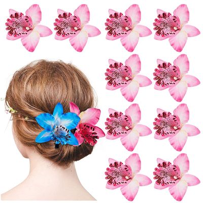 10 Pack Flower Brooch Head Ornament Bride Beach Style Women Plumeria Flower Hair Accessories Wedding Hair Clip Flamenco Dancer (Pink)