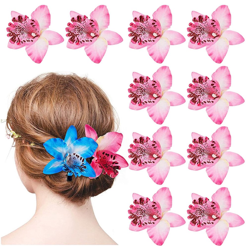 10 Pack Flower Brooch Head Ornament Bride Beach Style Women Plumeria Flower Hair Accessories Wedding Hair Clip Flamenco Dancer (Pink)