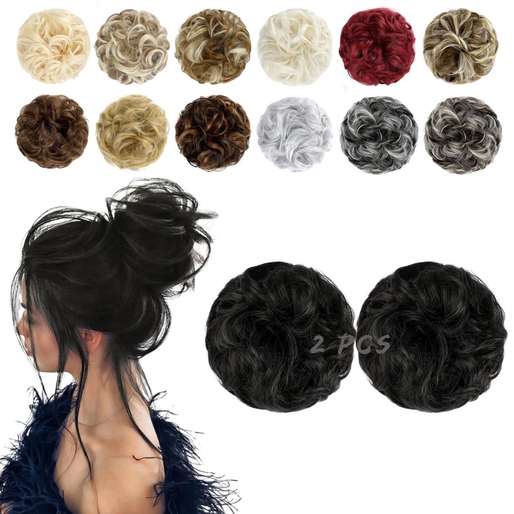 FeidyLong 2 PCS Messy Bun Hair Piece Wavy Curly Scrunchies Synthetic Chignon Ponytail Hair Extensions Thick Updo Hairpieces for Women Girls(Natural Black)