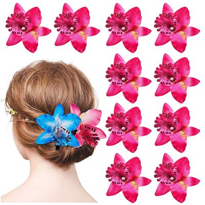 10 Pack Flower Brooch Head Ornament Bride Beach Style Women Plumeria Flower Hair Accessories Wedding Hair Clip Flamenco Dancer (Rose red)
