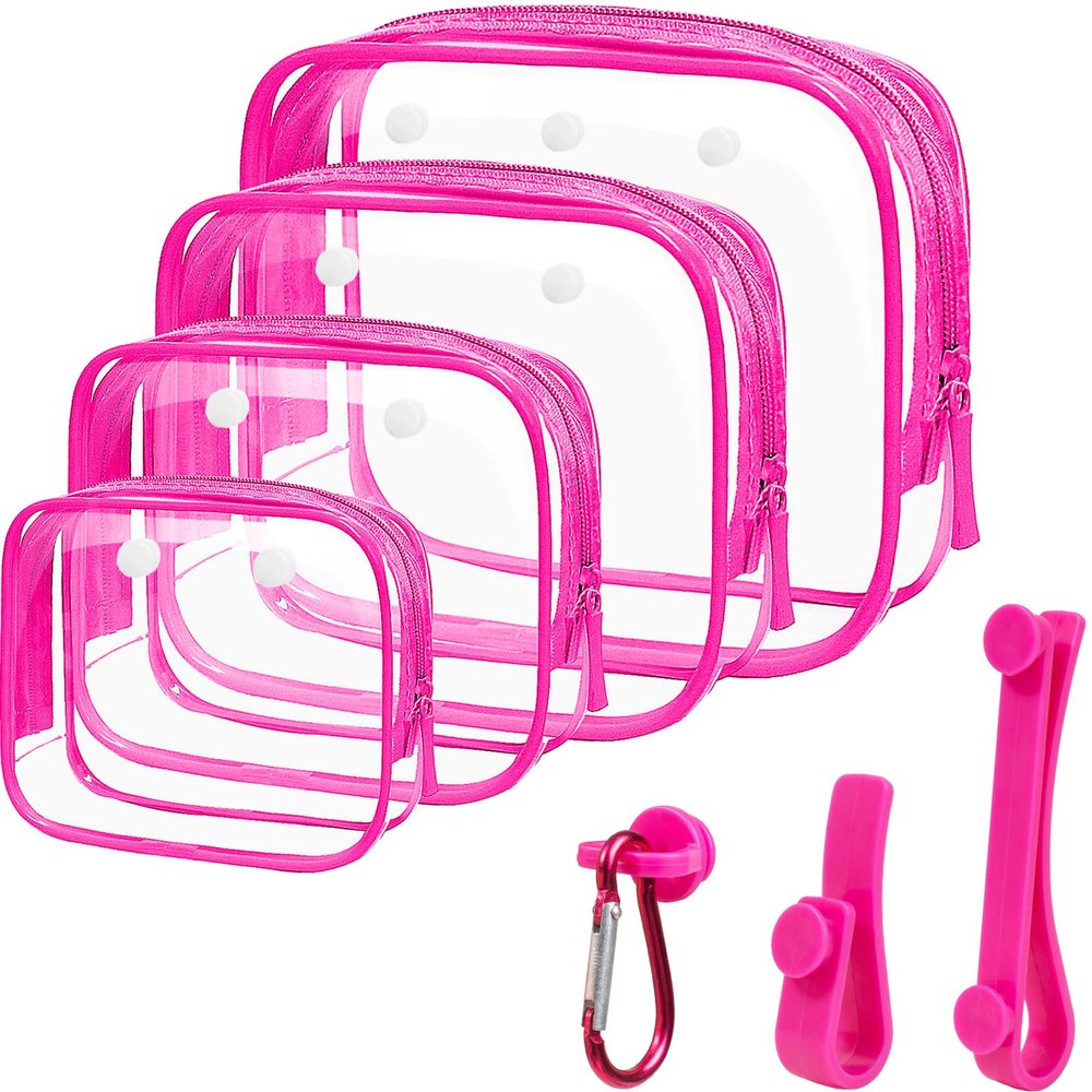 4 Pack Clear Toiletry Bags, Portable Travel Makeup Pouch with Zipper, TSA Approved Organizer, Clear Pouch Bags Compatible With Bogg Bag Divider Accessories(Hot Pink)