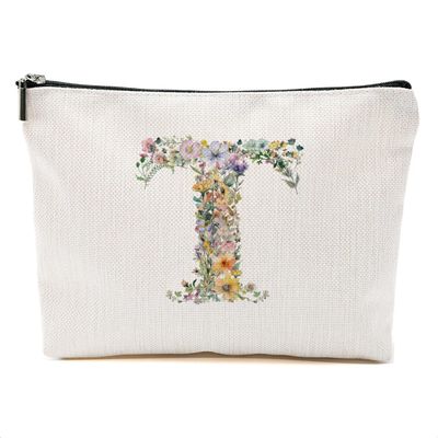 Flowers Initial Makeup Bag Personalized Cosmetic Bag Monogrammed for Women Grammy Bride Mom Travel Organizer Zipper Pouch Teacher Christmas Birthday Wedding Bridal Shower Gift, Letter T