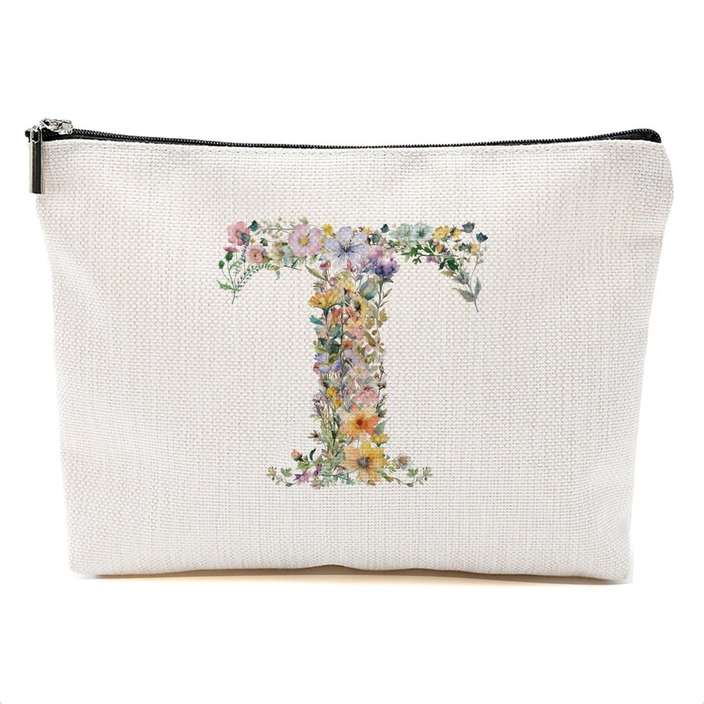 Flowers Initial Makeup Bag Personalized Cosmetic Bag Monogrammed for Women Grammy Bride Mom Travel Organizer Zipper Pouch Teacher Christmas Birthday Wedding Bridal Shower Gift, Letter T