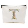 Flowers Initial Makeup Bag Personalized Cosmetic Bag Monogrammed for Women Grammy Bride Mom Travel Organizer Zipper Pouch Teacher Christmas Birthday Wedding Bridal Shower Gift, Letter T view 1
