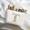 Flowers Initial Makeup Bag Personalized Cosmetic Bag Monogrammed for Women Grammy Bride Mom Travel Organizer Zipper Pouch Teacher Christmas Birthday Wedding Bridal Shower Gift, Letter T view 4