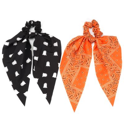 Halloween Hair Ties for Woman Girls Fall Orange Bandana Hair Scrunchies Spooky Ghost Elastic Ribbon Bow Hair Tie Autumn Halloween Party Supplies Hair Accessories 2PCS