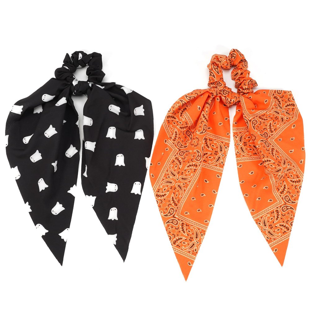 Halloween Hair Ties for Woman Girls Fall Orange Bandana Hair Scrunchies Spooky Ghost Elastic Ribbon Bow Hair Tie Autumn Halloween Party Supplies Hair Accessories 2PCS