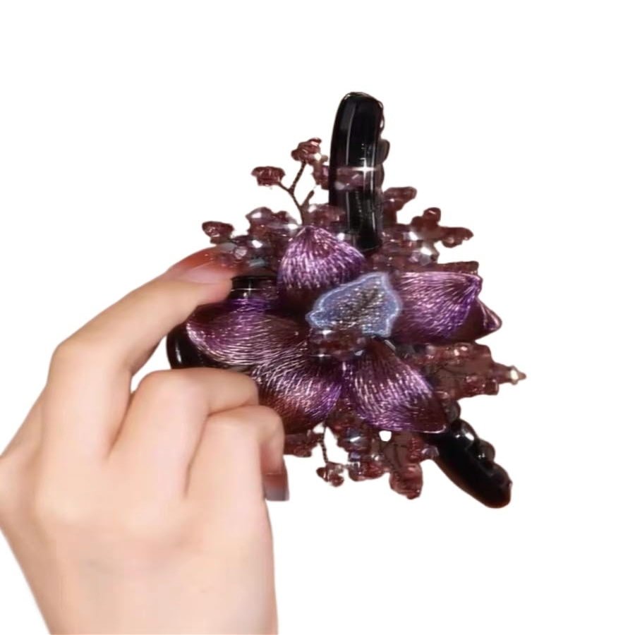 Metal Flower Crystal Hairpin Elegant Handmade Copper Wire Hairpin Gentle Exquisite Hair Accessories For Mother(Purple)