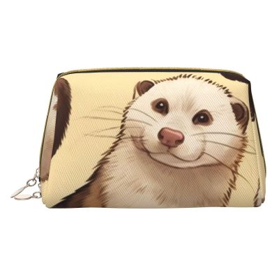 Hairy Ferret Print Leather Makeup Bag Cute Makeup Pouch For Women With Zipper Portable Travel Cosmetic Bags 6.7x3x4.3in