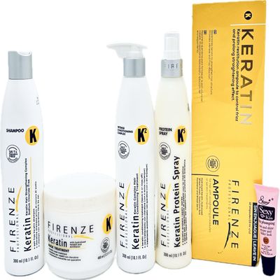 Firenze Professional Keratin Kit: Shampoo 10.1fl oz, Mask 13.5 Fl oz, Intense Conditioning complex 10.1 Fl oz, Protein Spray 10.1 Fl Oz & Keratin Leave in Ampoules 12x13ml - Free Starry Lip Gloss