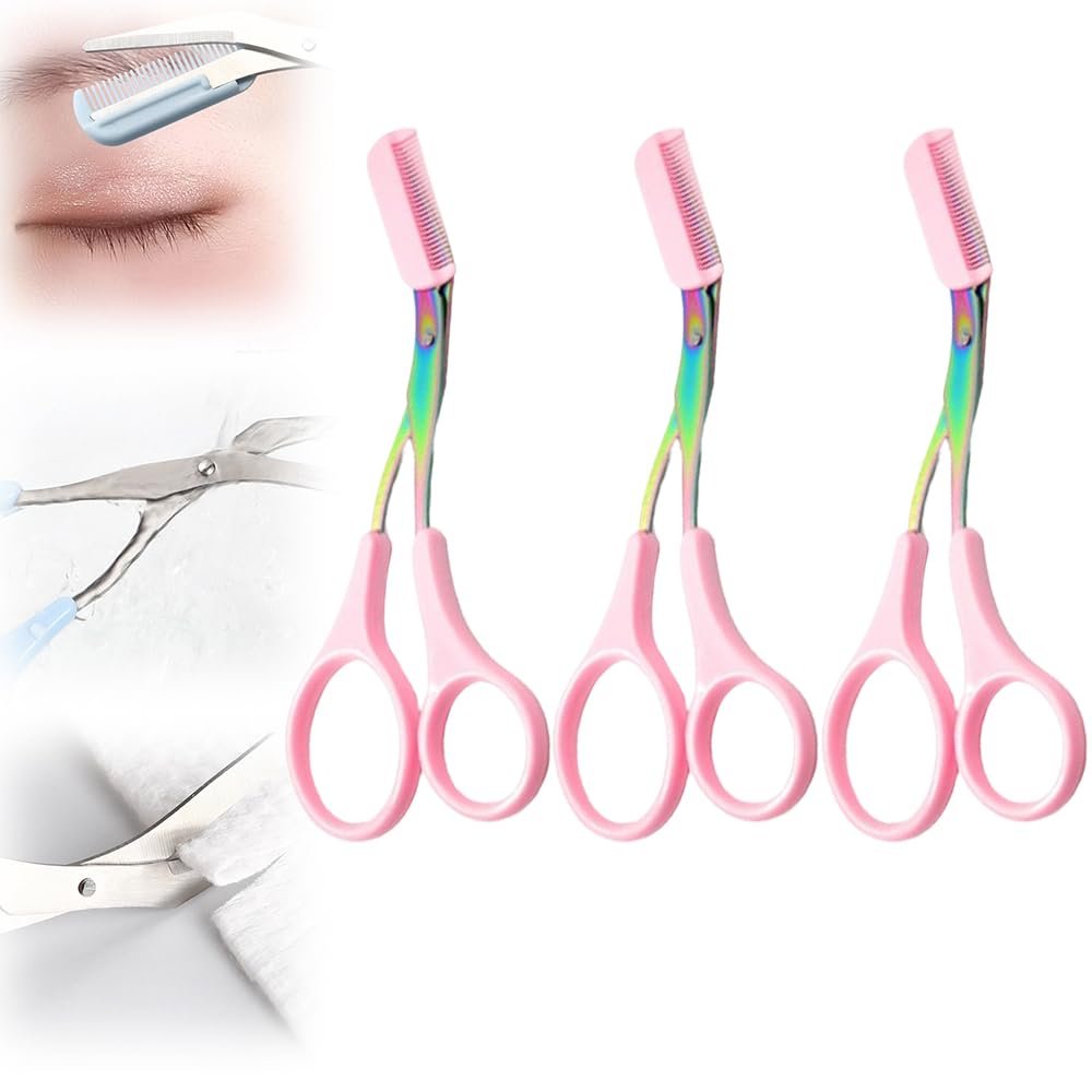 CAJDEOPYE Eyebrow Trimmer for Women,3 Pcs Stainless Steel Professional Eyebrow Trimmer Scissor with Comb,Portable Eyebrow Trimmer Makeup Grooming Tool /1467, Pink, 464895