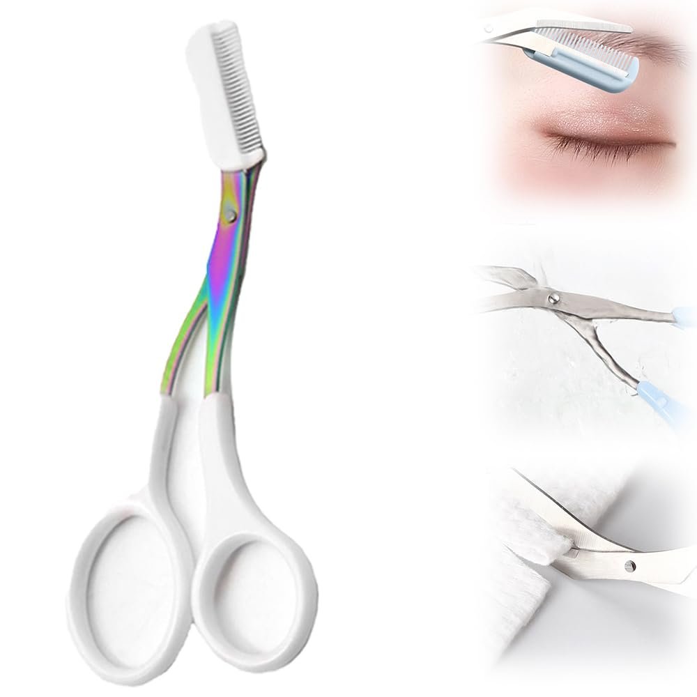 CAJDEOPYE Eyebrow Trimmer Scissor,2024 New Stainless Steel Eyebrow Scissors with Comb,Portable Non Slip Professional Eyebrow Trimmer for Women /1402, White, 464895