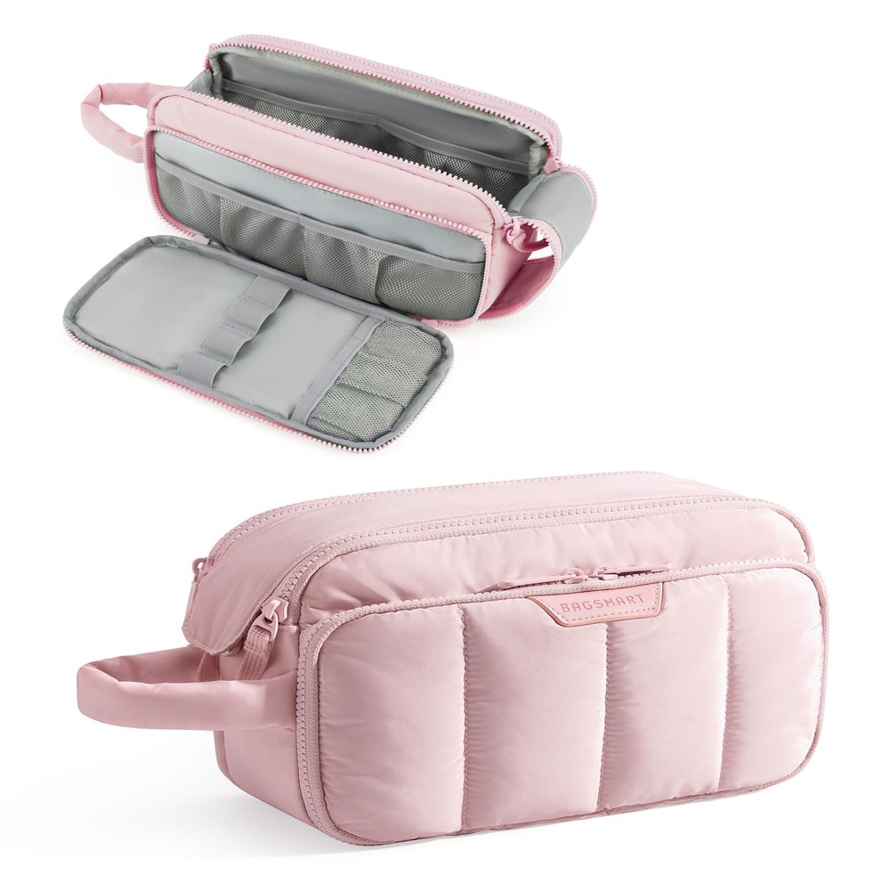 BAGSMART Travel Makeup Bag Organizer, Puffy Make Up Bag, Cosmetic Organizer Case for Travel Essentials Toiletries Accessories Bottles, Brushes (Pink)