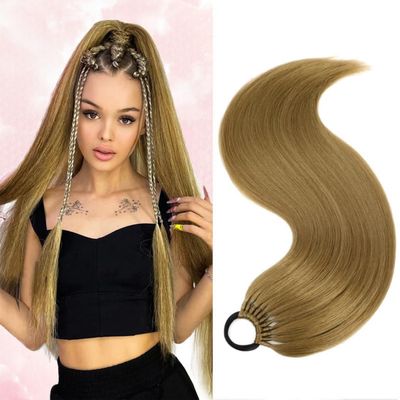 24inch Long Straight Ponytail Synthetic for Woman Synthetic Hair Extension with Rubber Bands (4#Natural color)