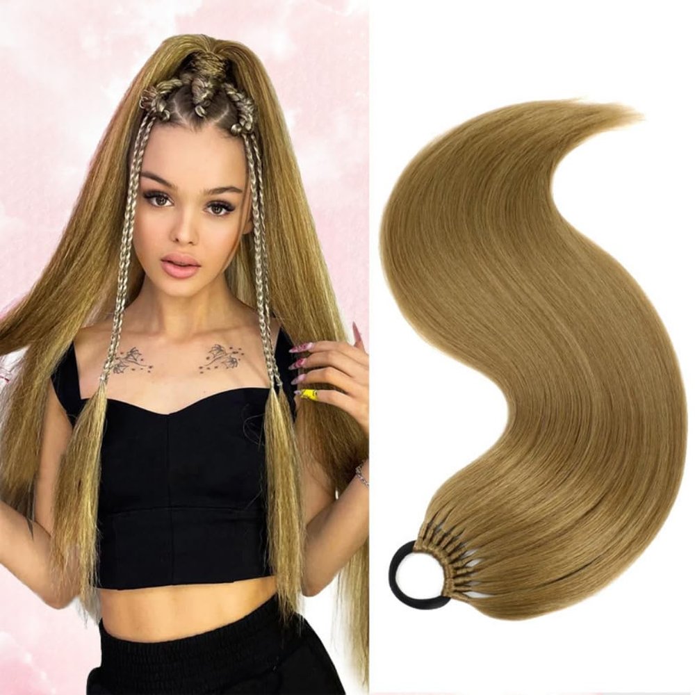 24inch Long Straight Ponytail Synthetic for Woman Synthetic Hair Extension with Rubber Bands (4#Natural color)