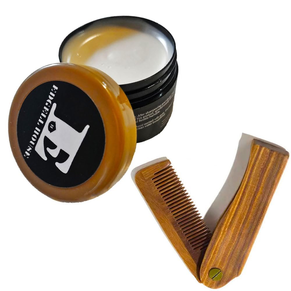 Edgell House Clay Pomade And Folding Comb Gift Combo Set Includes 2.7oz Hair Clay Pomade For Men And 7 Inch Sandalwood Hair & Beard Pocket Comb Clay Products and Wooden Gifts