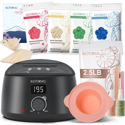 KOTAMU Black Digital Waxing Kit with Silicone Wax Warmer Replacement Pot,2.5lb White Unscented Waxing Beads for Women& Men Thick Thin Hair Removal at Home, Including Face Eyebrows Armpit Legs Bikini