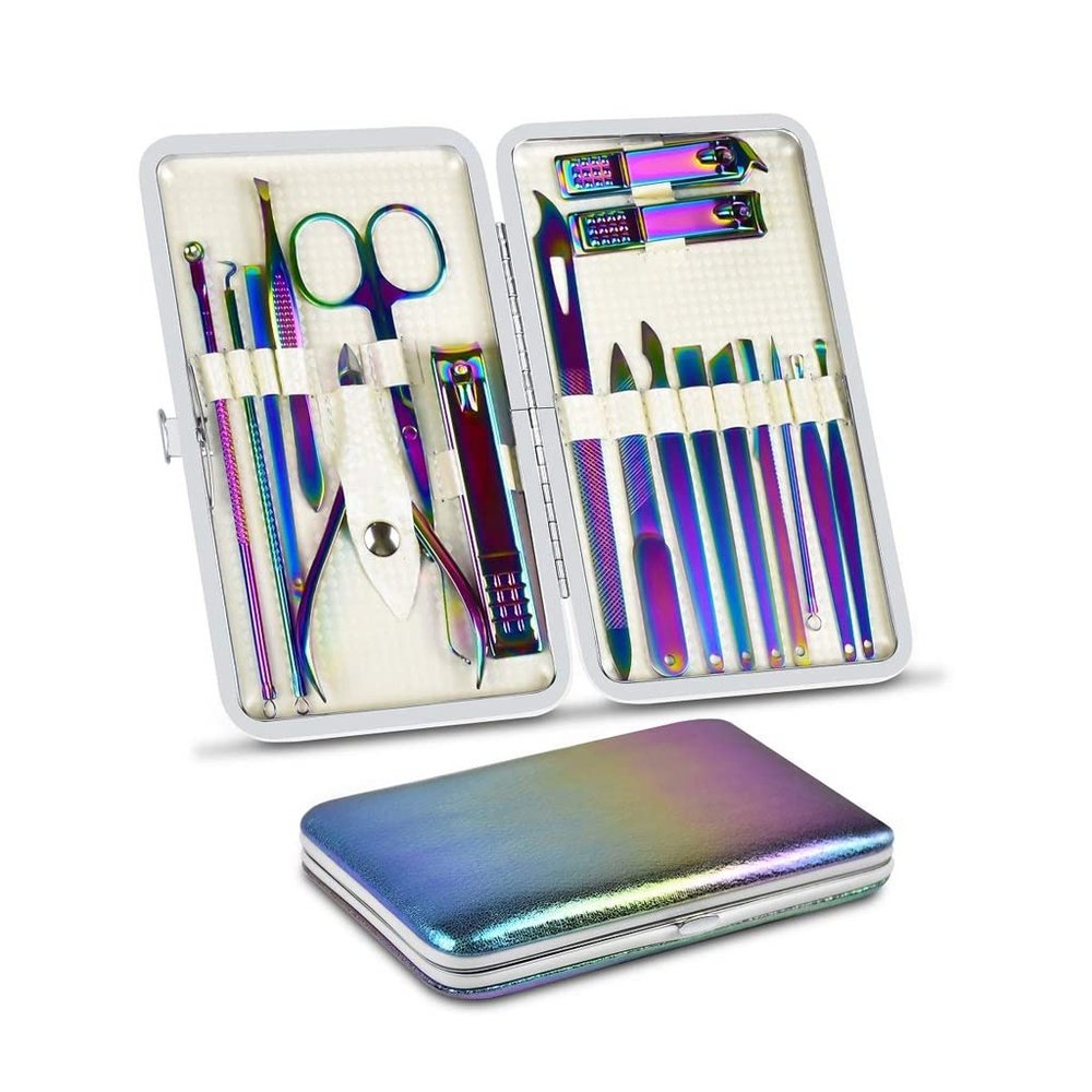 18 Pieces Manicure Kit Pedicure Professional Grooming Care Tools Nail File Clippers with Leather Set
