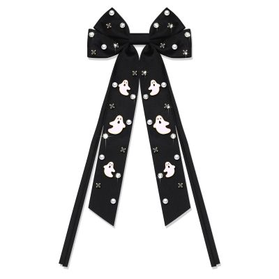 Boderier Halloween Bows for Women Spooky Ghost Hair Bow Clip Jeweled Crystal Long Tail Satin Bow Barrette Hair Clip Halloween Hair Accessories for Women White Ghost-Black