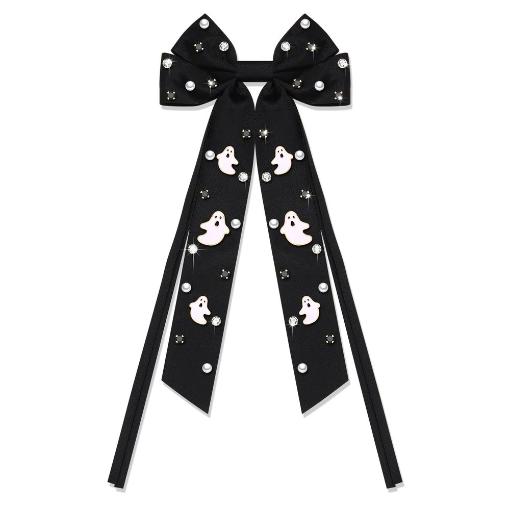 Boderier Halloween Bows for Women Spooky Ghost Hair Bow Clip Jeweled Crystal Long Tail Satin Bow Barrette Hair Clip Halloween Hair Accessories for Women White Ghost-Black