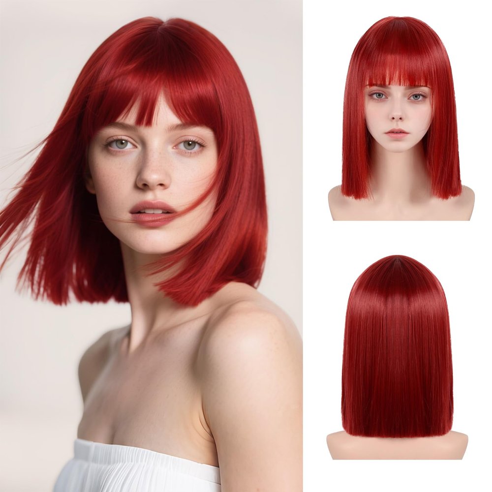 Bkiyyi Red Bob Wig with Bangs Short Red Straight Wig for Women Heat Resistant Synthetic Wig Colorful Bob Wigs for Grils Daily Party Halloween Cosplay Use 13inch