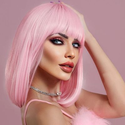 ATAYEA Pink Bob Wig With Bangs - Short Synthetic Straight Bob Wig, 12 Inch, Cosplay & Party Use