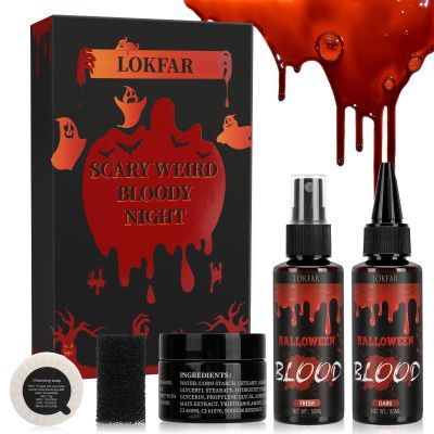6 IN 1 Fake Blood KitFake Blood 1.69oz X2 + Coagulated Blood 1.41oz+Spray Head+Dripping Head+Soap+SpongeWashableRealistic EffectSkin FriendlyProfessional Fake Blood Makeup KitFresh+Dark